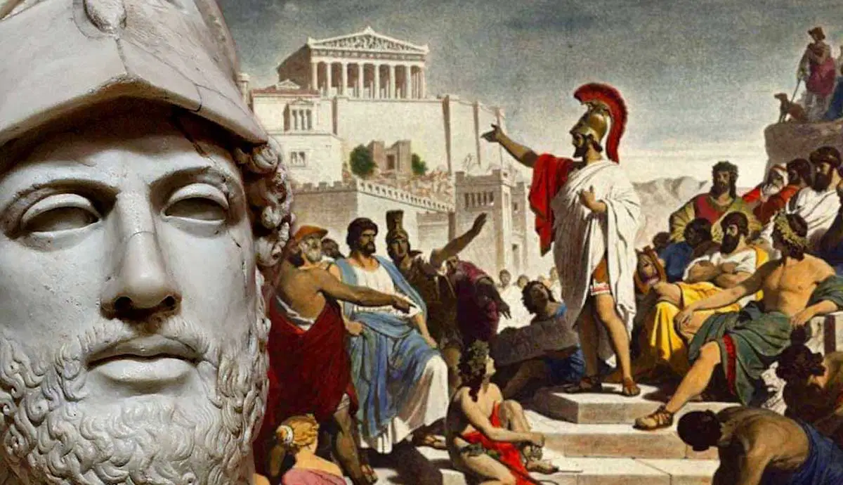 Bust of Pericles beside a painting of him addressing Athenians below the Acropolis
