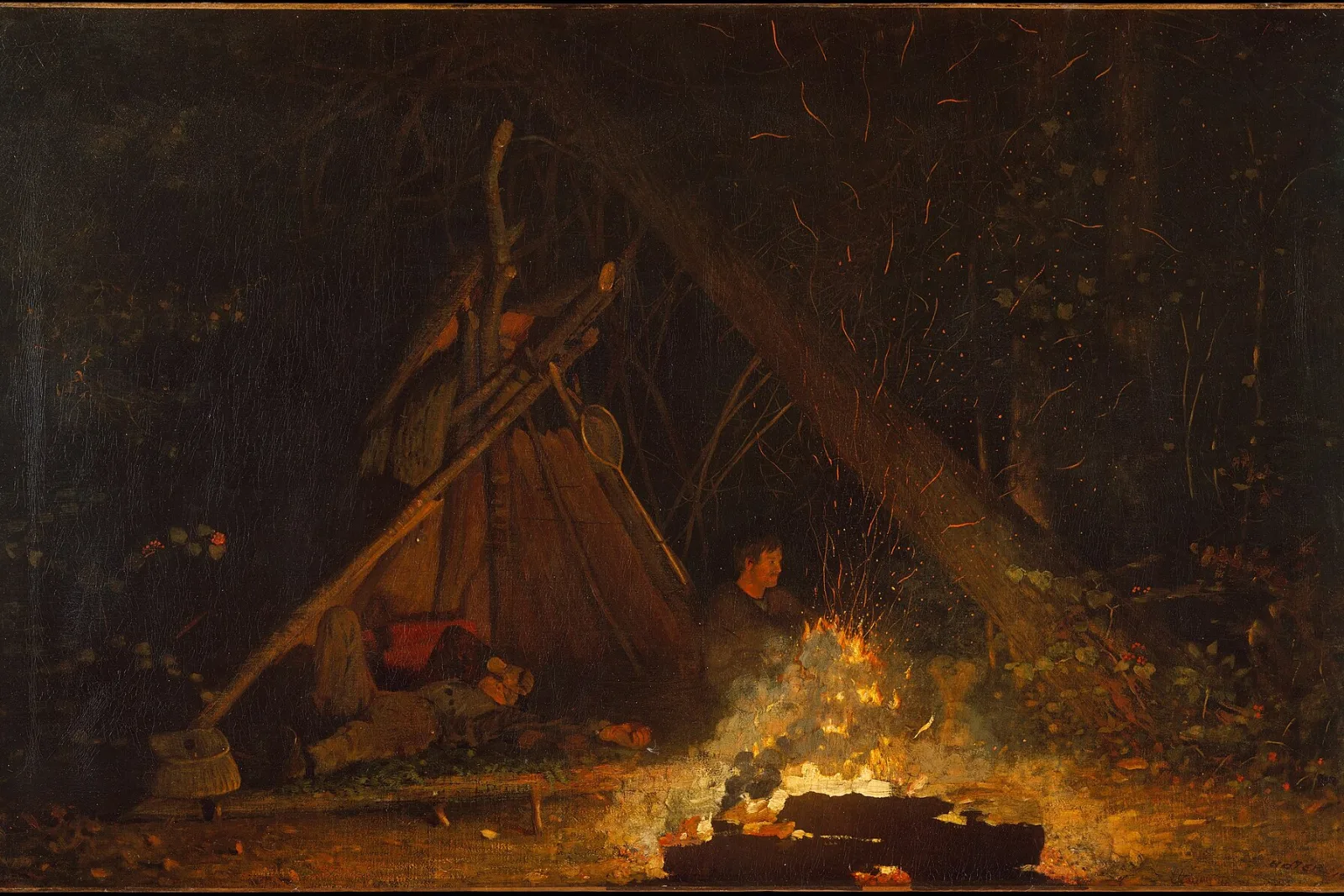Winslow Homer painting of two men at a campfire in the woods at night