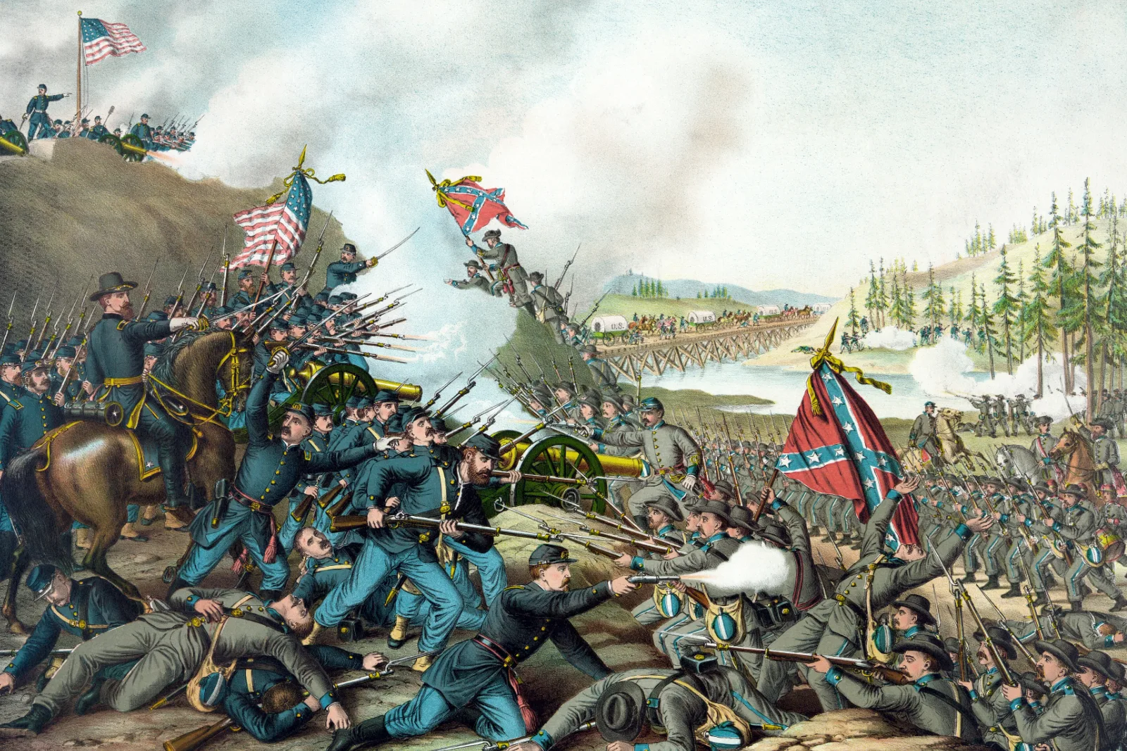 Kurz and Allison lithograph of the Battle of Franklin, Tennessee, November 30, 1864, with Union and Confederate soldiers clashing near the cannons