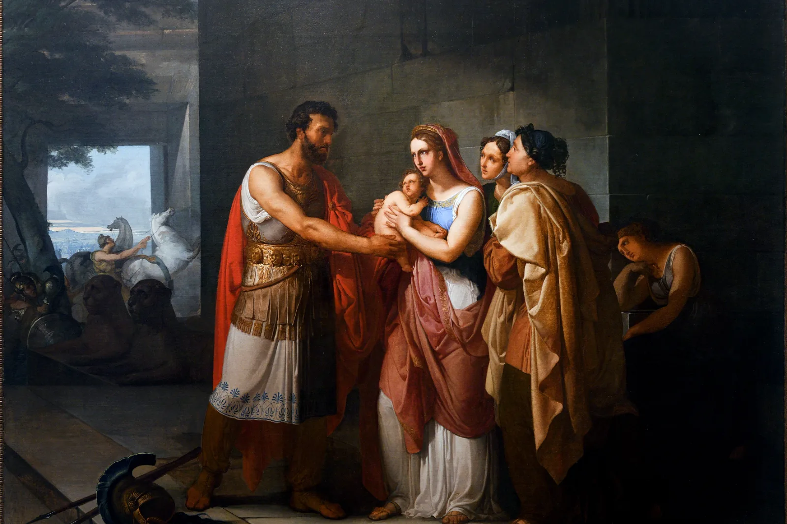 Painting of the Trojan hero Hector reaching for his infant son Astyanax in Andromache's arms, his helmet resting on the floor