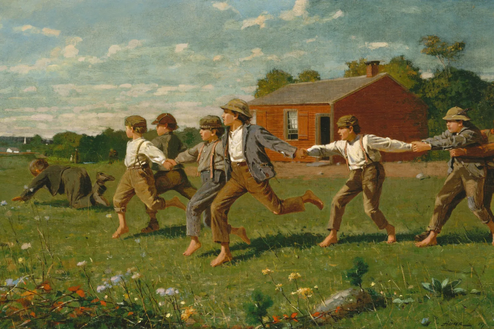 Winslow Homer painting Snap the Whip showing barefoot boys running in a chain across a field outside a red schoolhouse